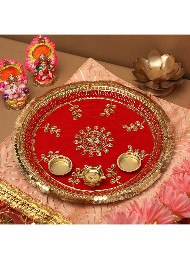 Madhoor Embroidered Red Decorative Pooja Thali for Pooja, Aarti, Diwali, Raksha Bandhan & Religious Ceremonies, 13 cm, 1 Piece - Image 2
