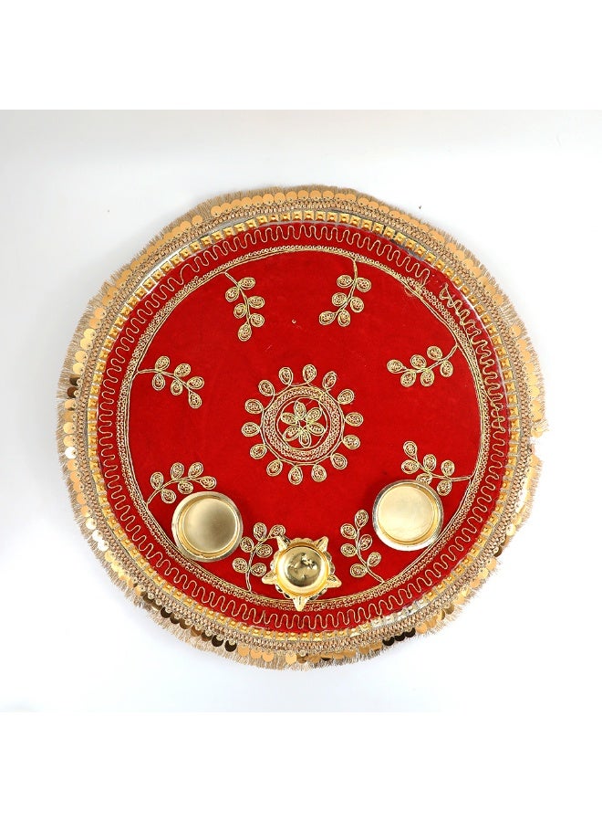 Madhoor Embroidered Red Decorative Pooja Thali for Pooja, Aarti, Diwali, Raksha Bandhan & Religious Ceremonies, 13 cm, 1 Piece - Image 3