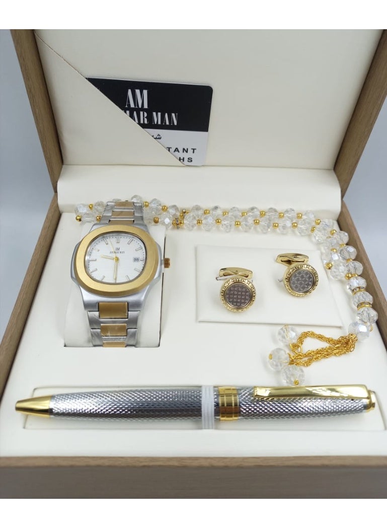 ANEMAR MAN A high-quality, elegant men's gift set including a watch, pen, prayer beads, cufflinks, and a silver and gold bracelet with a white dial.
