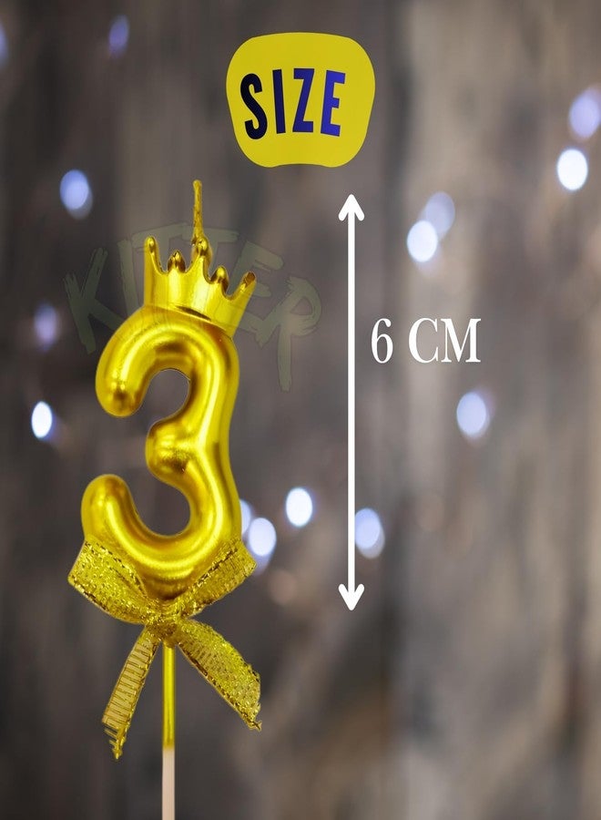 شمعة كيتر رقم 3، قطعة واحدة، لتزيين كعكة عيد الميلاد، زينة كعكة عيد الميلاد الثالث، ثلاث شموع مع تاج في الأعلى، زينة كعكة ذهبية معدنية، شموع أرقام من 0 إلى 9 لعيد الميلاد (عبوة من قطعة واحدة، لون ذهبي) - Image 1