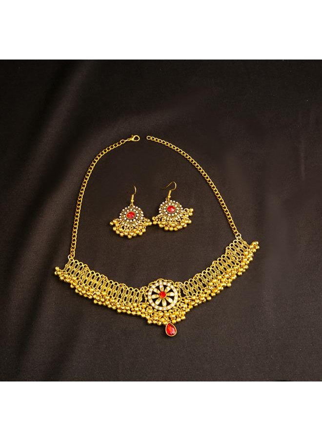 NIBEMINENT European And American Retro Moonstone Necklace Pearl Earrings Metallic Bohemian Style Jewelry Set 