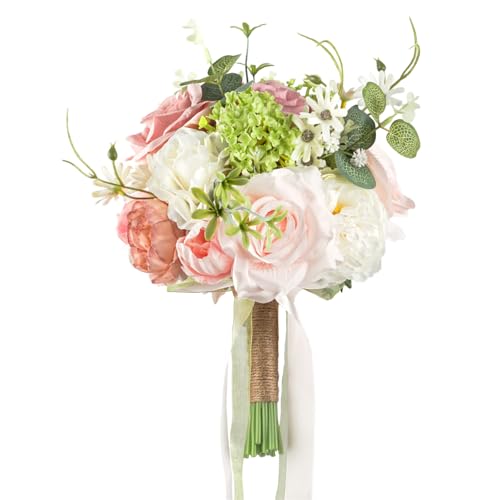 LCiclly 8.6in Blush Wedding Bouquets for Bride Bridesmaid, Pastel Pink White Green Bouquet Artificial Fake Silk Roses Flowers for Wedding Spring Garden Boho Rustic Decoration Toss Bouquet - Image 1