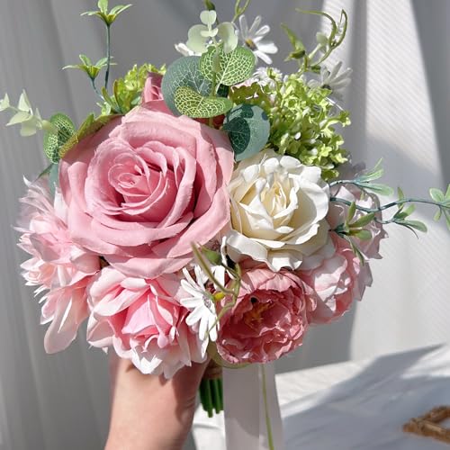 LCiclly 8.6in Blush Wedding Bouquets for Bride Bridesmaid, Pastel Pink White Green Bouquet Artificial Fake Silk Roses Flowers for Wedding Spring Garden Boho Rustic Decoration Toss Bouquet - Image 2