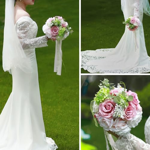 LCiclly 8.6in Blush Wedding Bouquets for Bride Bridesmaid, Pastel Pink White Green Bouquet Artificial Fake Silk Roses Flowers for Wedding Spring Garden Boho Rustic Decoration Toss Bouquet - Image 5