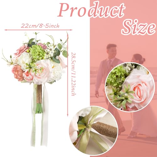 LCiclly 8.6in Blush Wedding Bouquets for Bride Bridesmaid, Pastel Pink White Green Bouquet Artificial Fake Silk Roses Flowers for Wedding Spring Garden Boho Rustic Decoration Toss Bouquet - Image 3