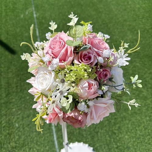 LCiclly 8.6in Blush Wedding Bouquets for Bride Bridesmaid, Pastel Pink White Green Bouquet Artificial Fake Silk Roses Flowers for Wedding Spring Garden Boho Rustic Decoration Toss Bouquet - Image 4