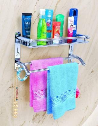 Filox Stainless Steel Double Layer Shelf with Towel Rod | Wall Mount Towel Stand | Bathroom Accessories | Stainless Steel Towel Hanger - Image 3