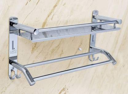 Filox Stainless Steel Double Layer Shelf with Towel Rod | Wall Mount Towel Stand | Bathroom Accessories | Stainless Steel Towel Hanger - Image 5