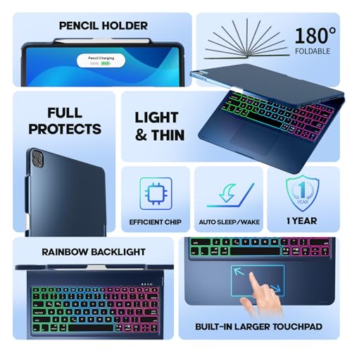 NOKBABO Trackpad Keyboard Case for iPad Pro 13 inch (M5/2025, M4/2024), iPad Air 13" (M4/M3/M2) & iPad Pro 12.9 6th/5th/4th/3rd, 360° Rotatable, Rainbow Backlit, Pencil Holder - Lake Blue - Image 3