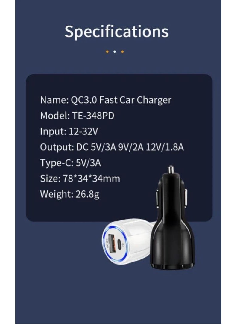 شاحن شحن سيارة 48 واط QC3.0+PD شحن فائق السرعة - كفاء، سريع، متوافق مع جميع أنواع المركبات. (ابيض) - Image 1