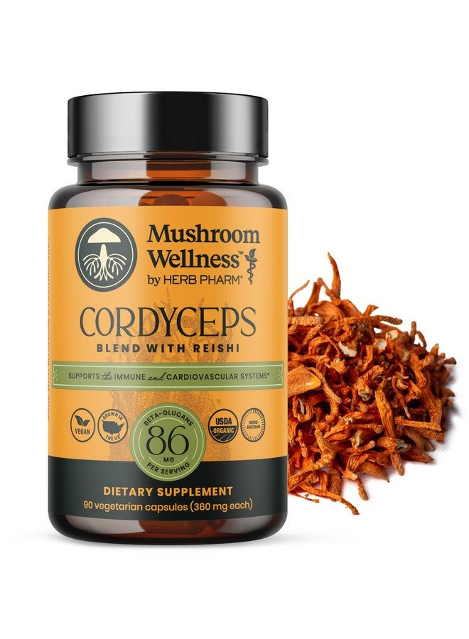 HERB PHARM Mushroom Wellness Cordyceps Blend with Reishi: Organic Cordyceps & Reishi Mushroom Capsules, Mushroom Powder Supplement, Supports Immune System & Healthy Urinary Function, 90 Vegan Capsules - Image 1