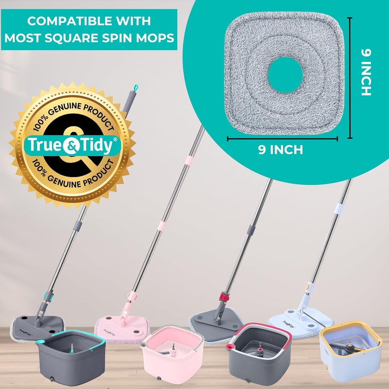 True & Tidy حزمة ® المكونة من 4 قطع، حشيات ممسحة إضافية سميكة من الألياف الدقيقة مقاس 9 بوصة، مخصصة لتعويض SPIN-800 TrueClean للممسحة والدلو المربعة، متوافقة مع M16 ومعظم مساحات الدوار المربعة والدلاء، قابلة للغسل في الغسالة حتى 100 مرة. - Image 2