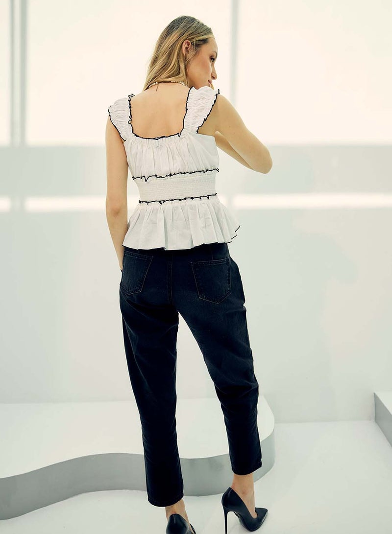 Virgio VIRGIO 100% Cotton Smocked Peplum Top With Bow  - Image 3