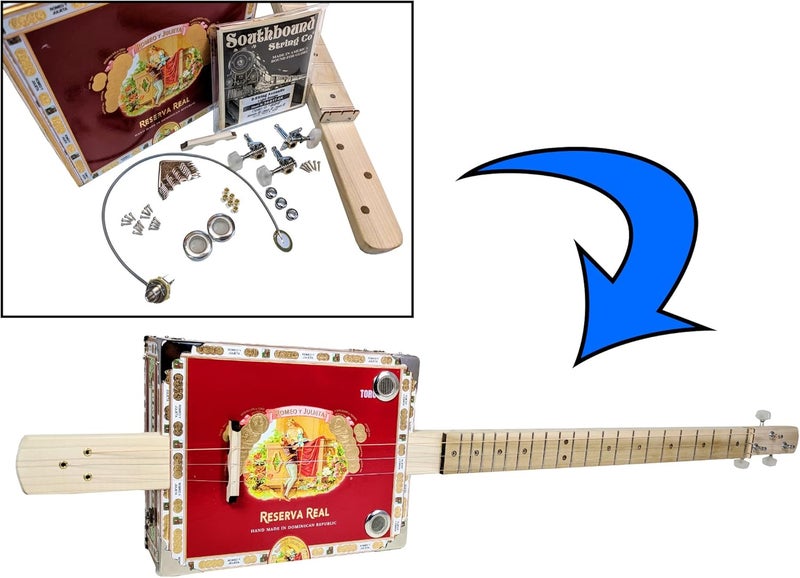 C. B. Gitty Complete DIY 3-String Fretted Cigar Box Guitar Kit with Neck - includes Acoustic/Electric Pickup - Image 1