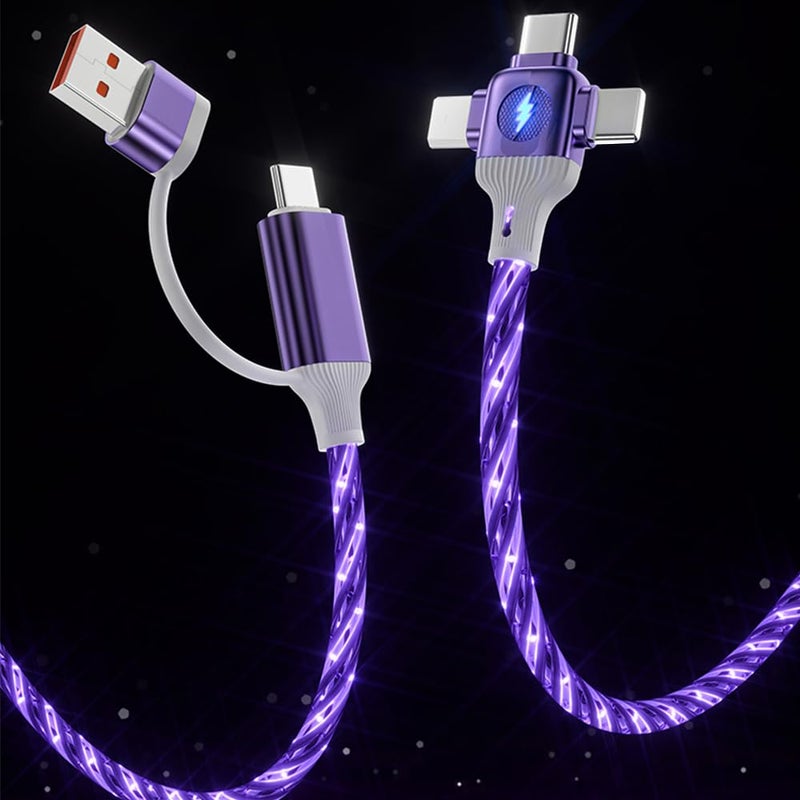 IHAO كابل شاحن IHAO متعدد المنافذ 6 تركيبات في كابل واحد USBA/USBC إلى USB C/MicroUSB سريع الشحن مع إضاءة LED متدفقة متوافق مع معظم الأجهزة الكهربائية - 39 بوصة بنفسجي نجمي - Image 3