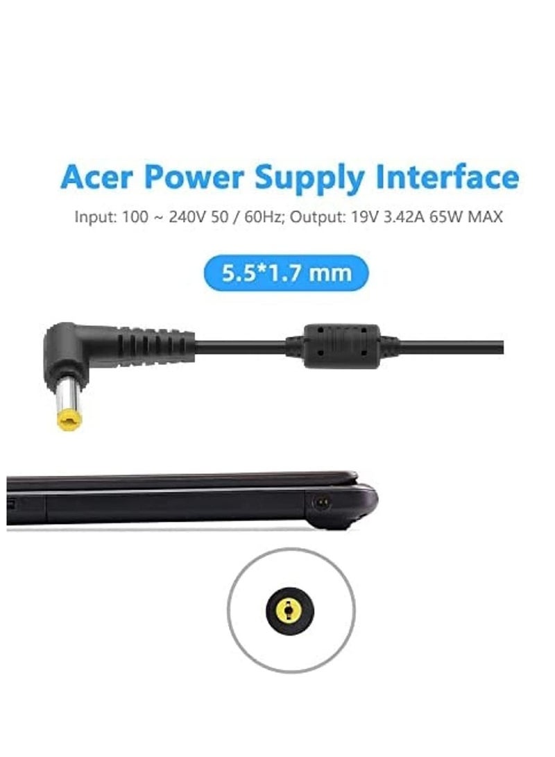 NTECH 65W 19V/3.42A Acer Laptop Charger Yellow Connector and Black Power Cord Tips 5.5x1.7mm