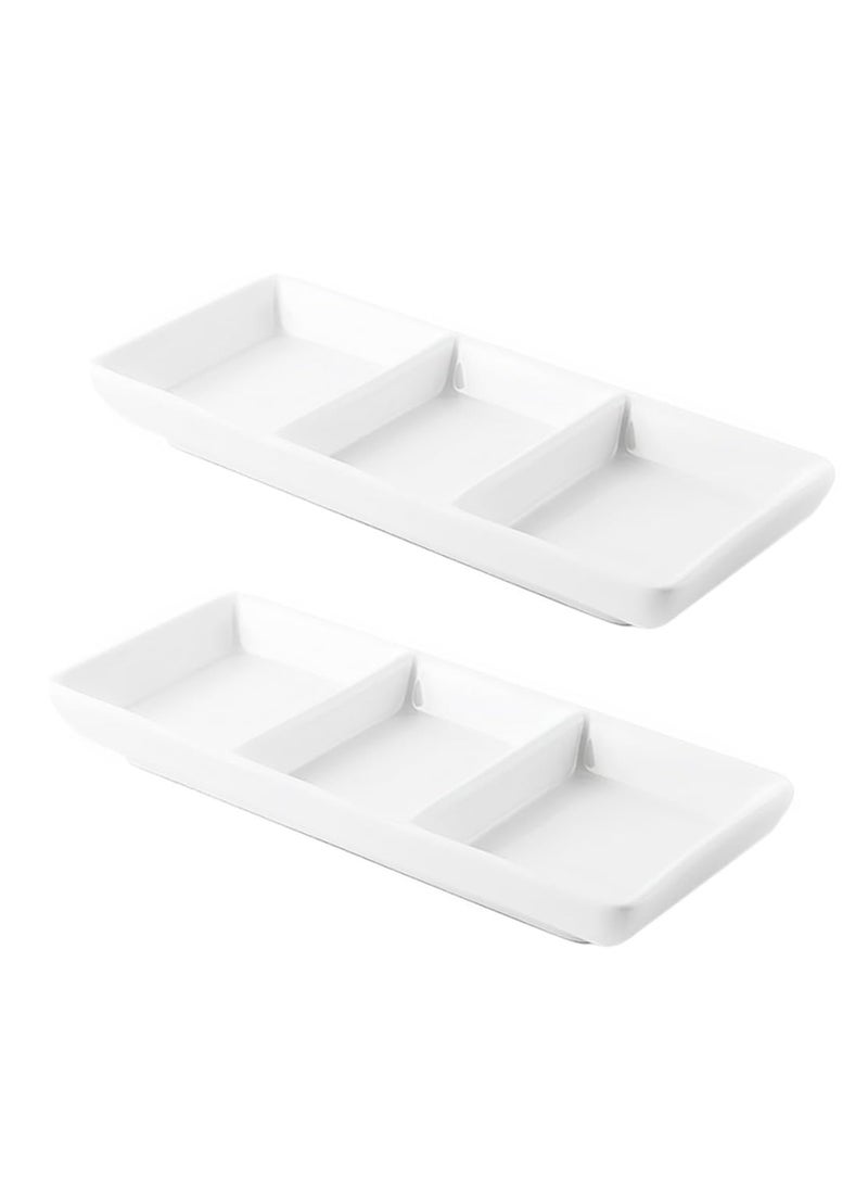 BLACKSTONE Set of 2 White Ceramic Serving Platter Rectangular 3 Compartment Appetizer Serving Tray  - Image 1