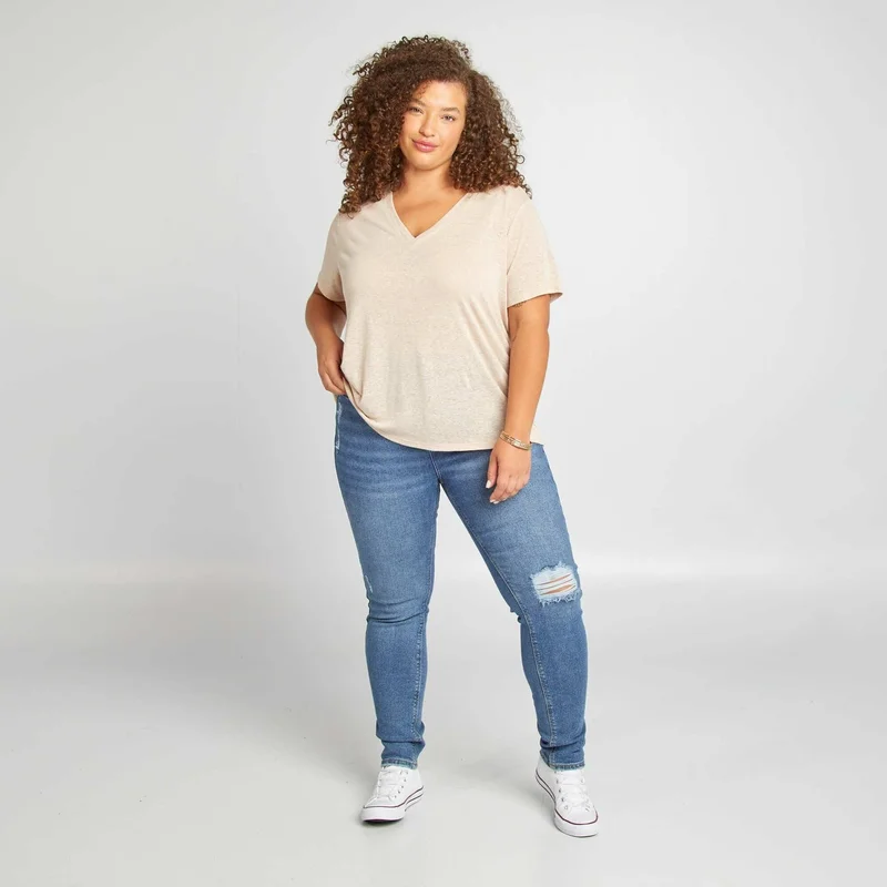 Kiabi Linen Blend V-Neck T-Shirt Beige