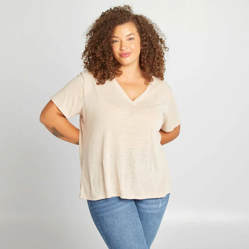 Kiabi Linen Blend V-Neck T-Shirt Beige