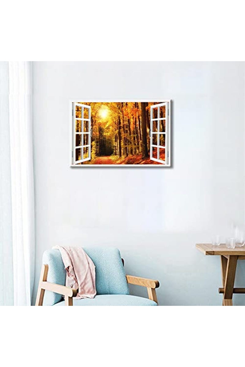 TISHIRON ALAYRA 3D Window View Forest Landscape Canvas Art Wall Decor Autumn Natural Scenery Modern Home Decor Canvas Wall Decor for Living Room Bedroom Office Posters Prints Framed Ready to Hang - 24"W x 16"H - Image 2