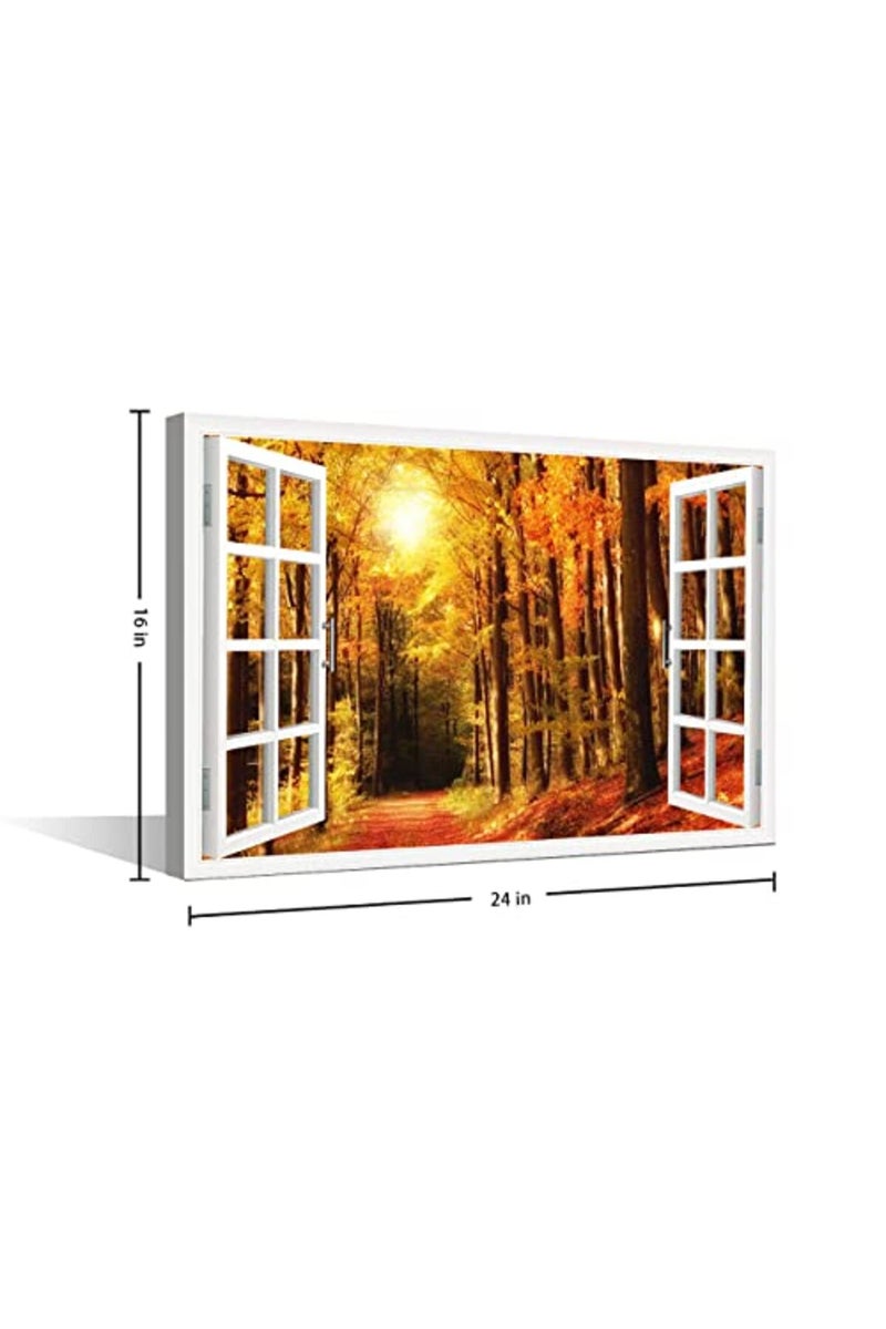 TISHIRON ALAYRA 3D Window View Forest Landscape Canvas Art Wall Decor Autumn Natural Scenery Modern Home Decor Canvas Wall Decor for Living Room Bedroom Office Posters Prints Framed Ready to Hang - 24"W x 16"H - Image 3