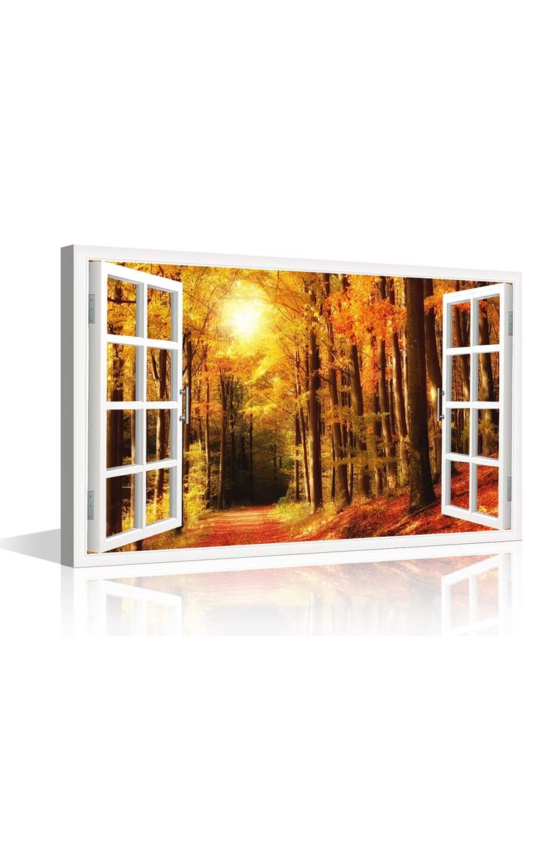 TISHIRON ALAYRA 3D Window View Forest Landscape Canvas Art Wall Decor Autumn Natural Scenery Modern Home Decor Canvas Wall Decor for Living Room Bedroom Office Posters Prints Framed Ready to Hang - 24"W x 16"H - Image 1