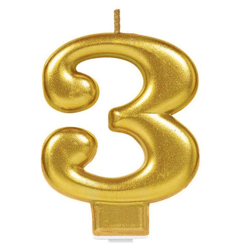 Amscan Number 3 Metallic Gold Candle, 1ct, 3 1/4 Inch - Image 2