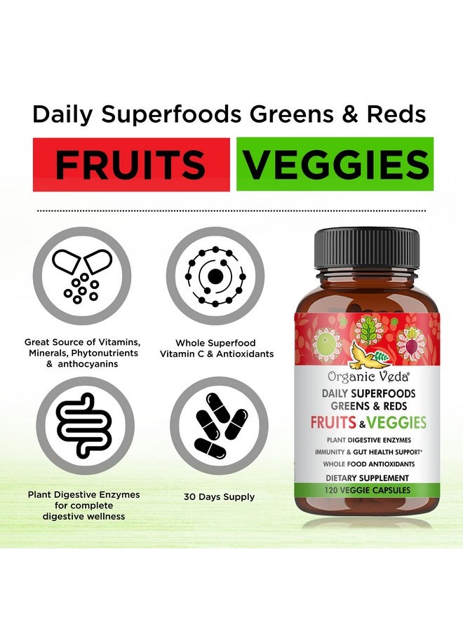 Organic Veda - Organic Veda Super Greens Reds Veggies Capsules - 8 in 1 Daily 30 Whole Organic Superfoods Fruits & Vegetables Supplement - Papaya Enzymes, Spirulina, Chlorella, Moringa, Beet, Turmeric - 120 Vegan - Image 1