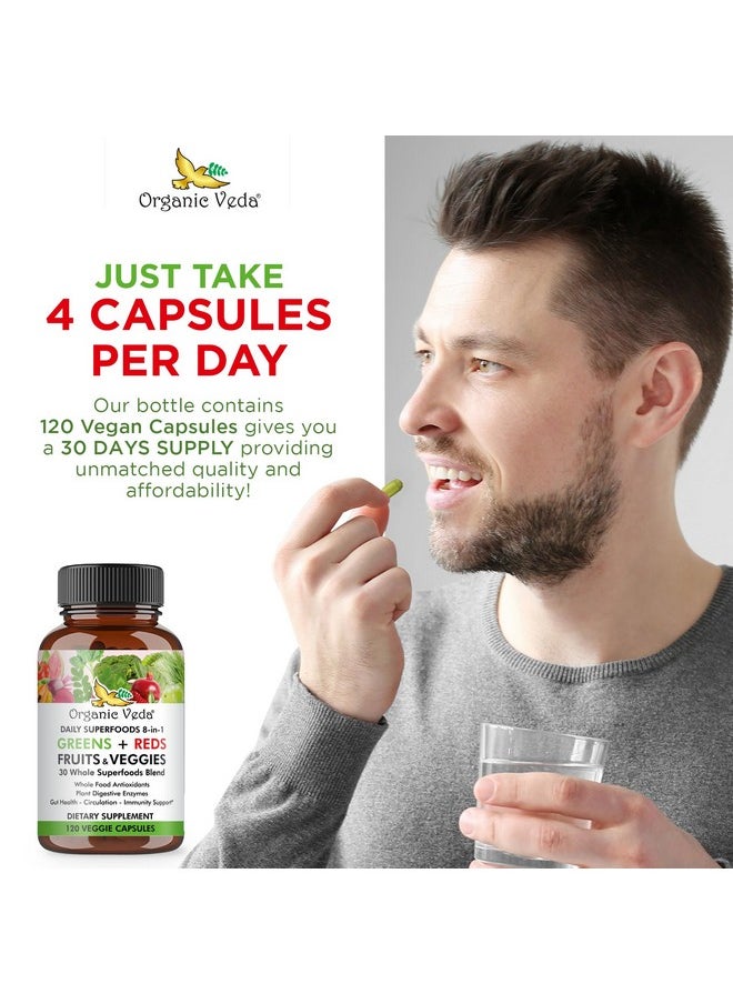 Organic Veda - Organic Veda Super Greens Reds Veggies Capsules - 8 in 1 Daily 30 Whole Organic Superfoods Fruits & Vegetables Supplement - Papaya Enzymes, Spirulina, Chlorella, Moringa, Beet, Turmeric - 120 Vegan - Image 1