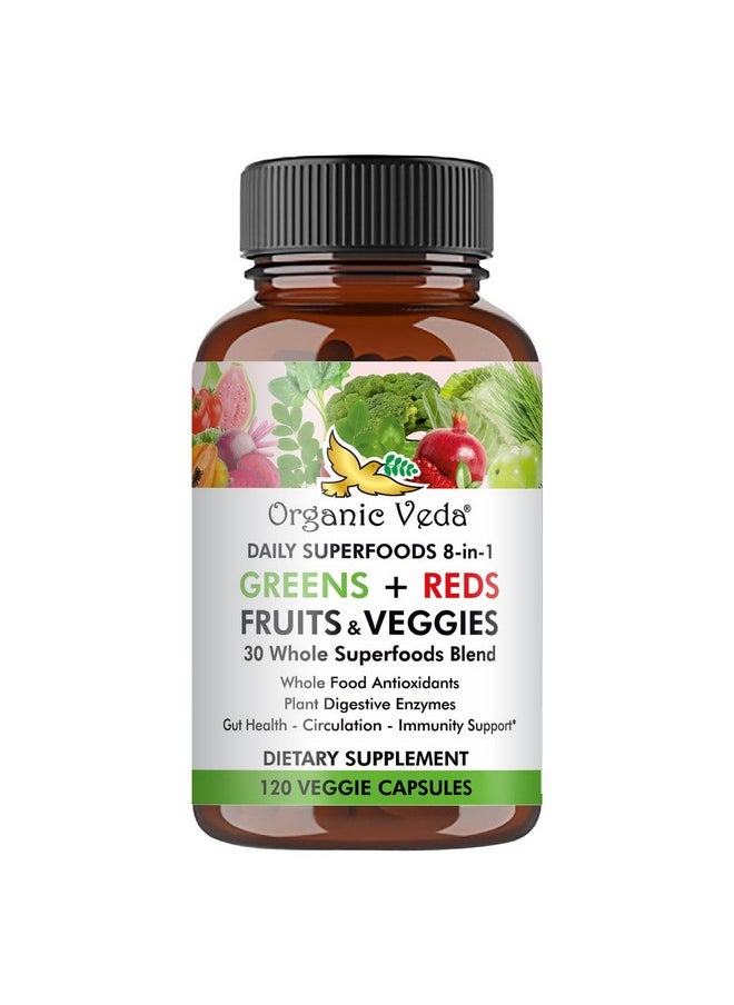 Organic Veda - Organic Veda Super Greens Reds Veggies Capsules - 8 in 1 Daily 30 Whole Organic Superfoods Fruits & Vegetables Supplement - Papaya Enzymes, Spirulina, Chlorella, Moringa, Beet, Turmeric - 120 Vegan - Image 1