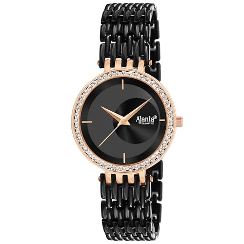 Ajanta Quartz Luxury Analog Bracelet Watch |Diamond Studded | Black Watch |Minimalistic Dial with Bracelet Chain for Women & Girls (La Luna Collection) - Image 1