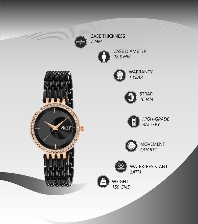 Ajanta Quartz Luxury Analog Bracelet Watch |Diamond Studded | Black Watch |Minimalistic Dial with Bracelet Chain for Women & Girls (La Luna Collection) - Image 2