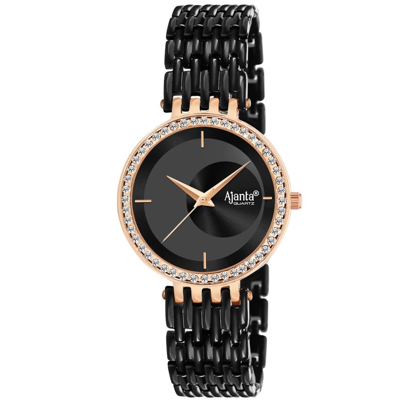 Ajanta Quartz Luxury Analog Bracelet Watch |Diamond Studded | Black Watch |Minimalistic Dial with Bracelet Chain for Women & Girls (La Luna Collection) - Image 3