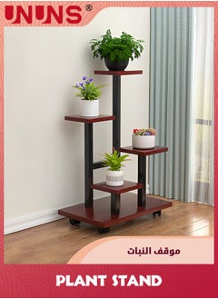 UNUNS 5 Tier Plant Stand With 4 Wheels,Metal Wood Tall Plant Stands For Indoor Plants Multiple,Corner Tiered Flower Plants Shelf Stand For Living Room Bedroom  - Image 1