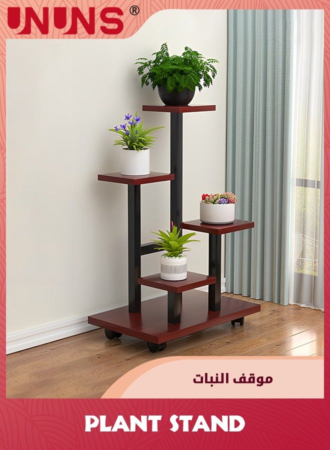 UNUNS 5 Tier Plant Stand With 4 Wheels,Metal Wood Tall Plant Stands For Indoor Plants Multiple,Corner Tiered Flower Plants Shelf Stand For Living Room Bedroom - Image 1
