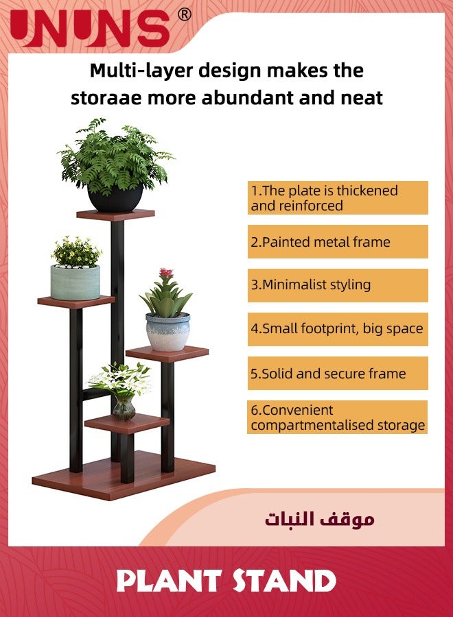 UNUNS 5 Tier Plant Stand With 4 Wheels,Metal Wood Tall Plant Stands For Indoor Plants Multiple,Corner Tiered Flower Plants Shelf Stand For Living Room Bedroom - Image 5
