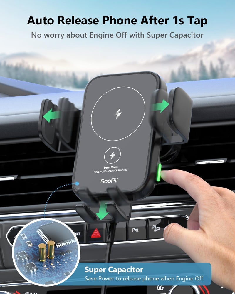 Soopii Dual Coils Wireless Car Charger,15W Fast Wireless Charging Car Mount,2 Air Vent Clip Ready, Auto-Clamping Car Phone Holder Charger for lPhone13 Pro/13/12 Pro,Samsung Galaxy Z Fold3/2/Flip3/S22 - Image 4