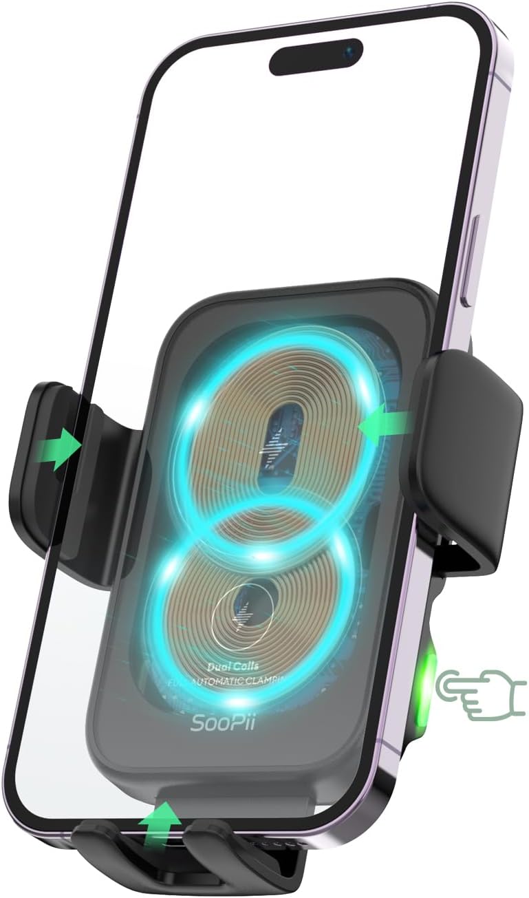Soopii Dual Coils Wireless Car Charger,15W Fast Wireless Charging Car Mount,2 Air Vent Clip Ready, Auto-Clamping Car Phone Holder Charger for lPhone13 Pro/13/12 Pro,Samsung Galaxy Z Fold3/2/Flip3/S22 - Image 1