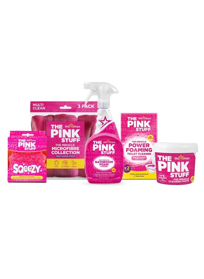 Stardrops The Pink Stuff Bathroom Cleaning Kit – Cleaning Paste, Bathroom Foam Spray, Toilet Foaming Powder, SQeeZY Sponge & 3 Microfiber Cloths – Tough on Stains, Grease & Soap Scum - Image 1