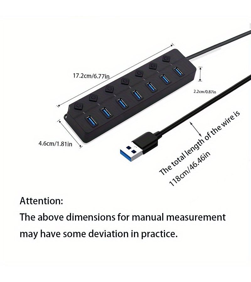 47.24 Inch 7 Port USB 3.0 Hub with Independent On Off Switch and LED Indicator - Image 2