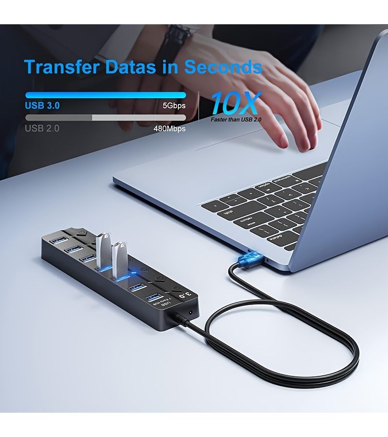 47.24 Inch 7 Port USB 3.0 Hub with Independent On Off Switch and LED Indicator - Image 5