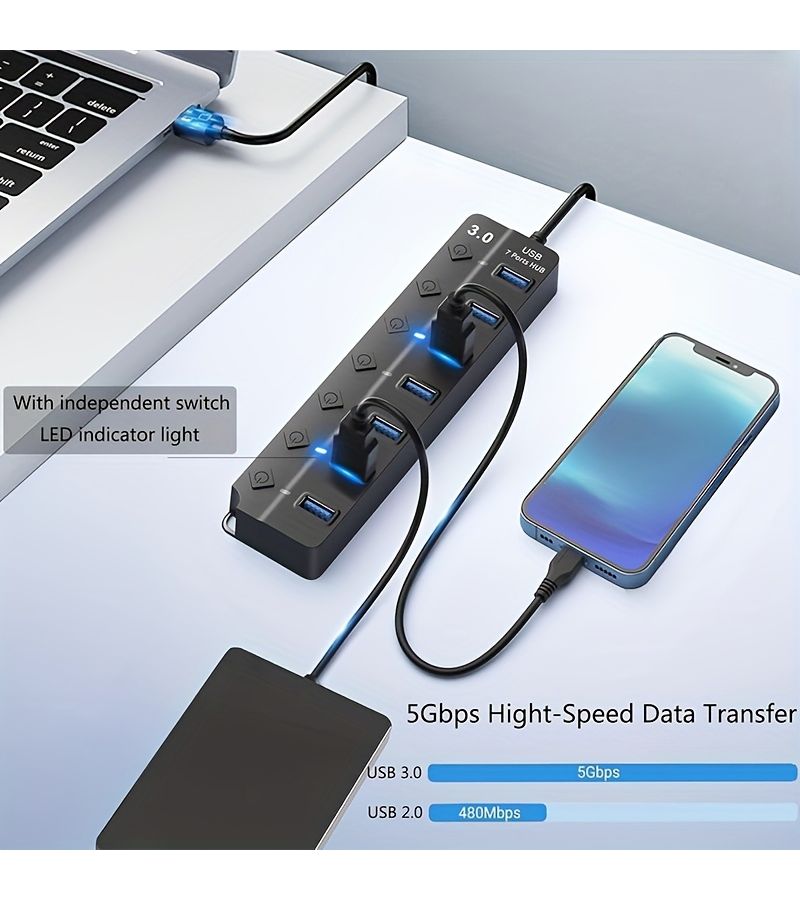 47.24 Inch 7 Port USB 3.0 Hub with Independent On Off Switch and LED Indicator - Image 3