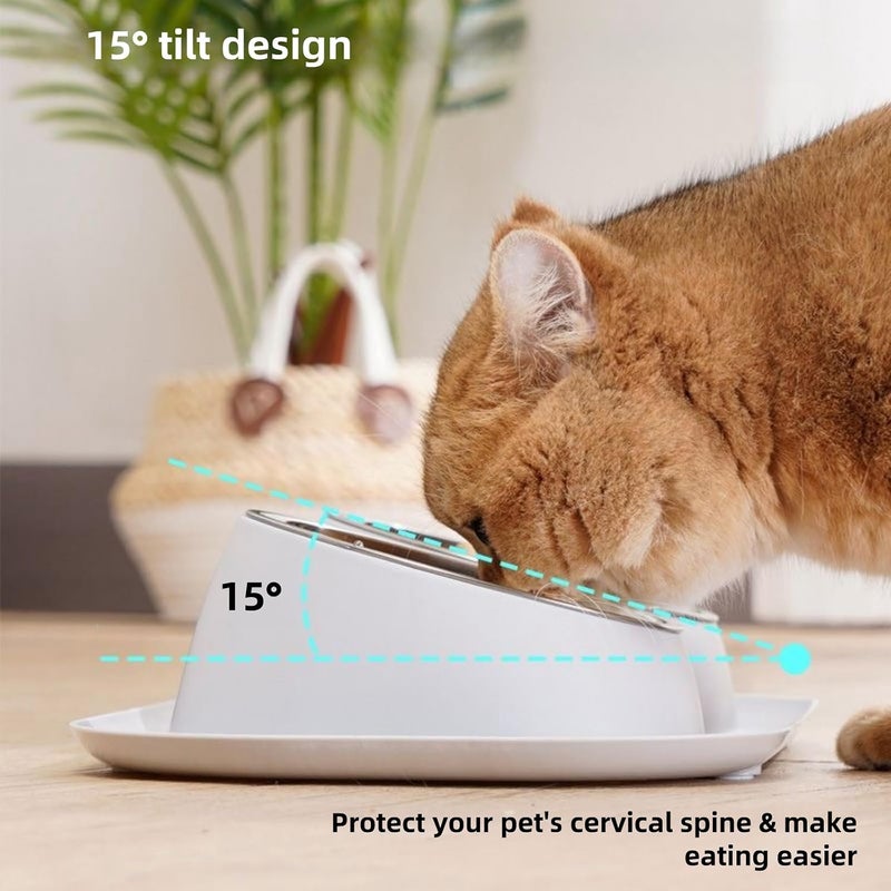 JDLYEVER Space saving Cat Food Bowls - Stainless Steel Double Cat and Dog Bowls - Separate Cleaning - Non-Slip Rubber Base - Spill-Proof Barrier for Waste Reduction - 15° Tilt for Neck Protection - 40x23x8cm Repeated use friendly design - Image 2
