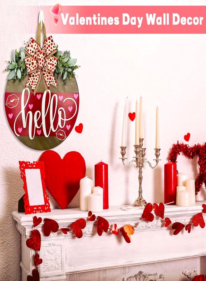 Apear1 Valentines Day Wreaths for Front Door Hello Valentine Hanger Sign Outside Rustic Holiday Farmhouse Wooden Door Decoration Hanging with Bows Outdoor (Red) - Image 5