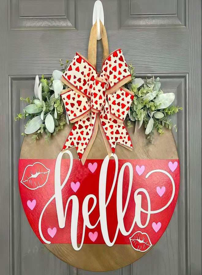 Apear1 Valentines Day Wreaths for Front Door Hello Valentine Hanger Sign Outside Rustic Holiday Farmhouse Wooden Door Decoration Hanging with Bows Outdoor (Red) - Image 1