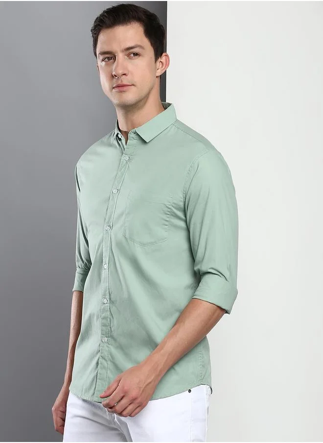 Dennis Lingo Slim Fit Sage Green Men's Casual Shirt, Spread Collar, Full Sleeves, 100% Cotton,