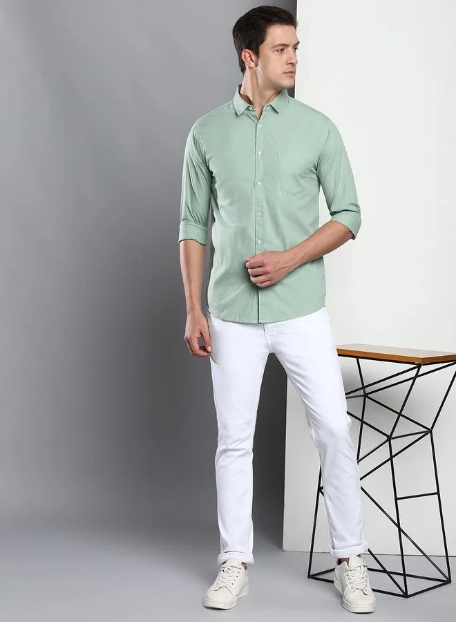 Dennis Lingo Slim Fit Sage Green Men's Casual Shirt, Spread Collar, Full Sleeves, 100% Cotton,