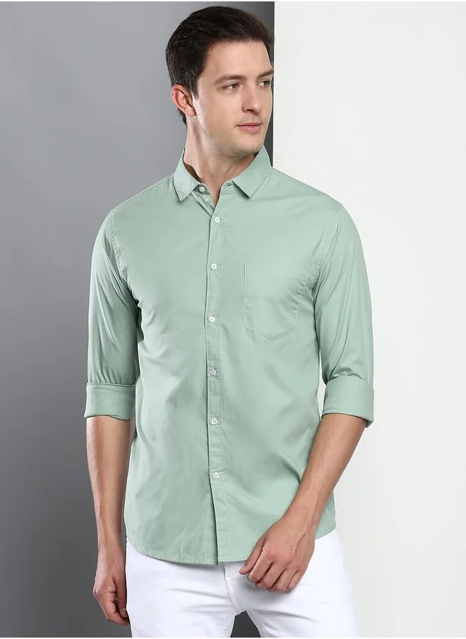 Dennis Lingo Slim Fit Sage Green Men's Casual Shirt, Spread Collar, Full Sleeves, 100% Cotton,