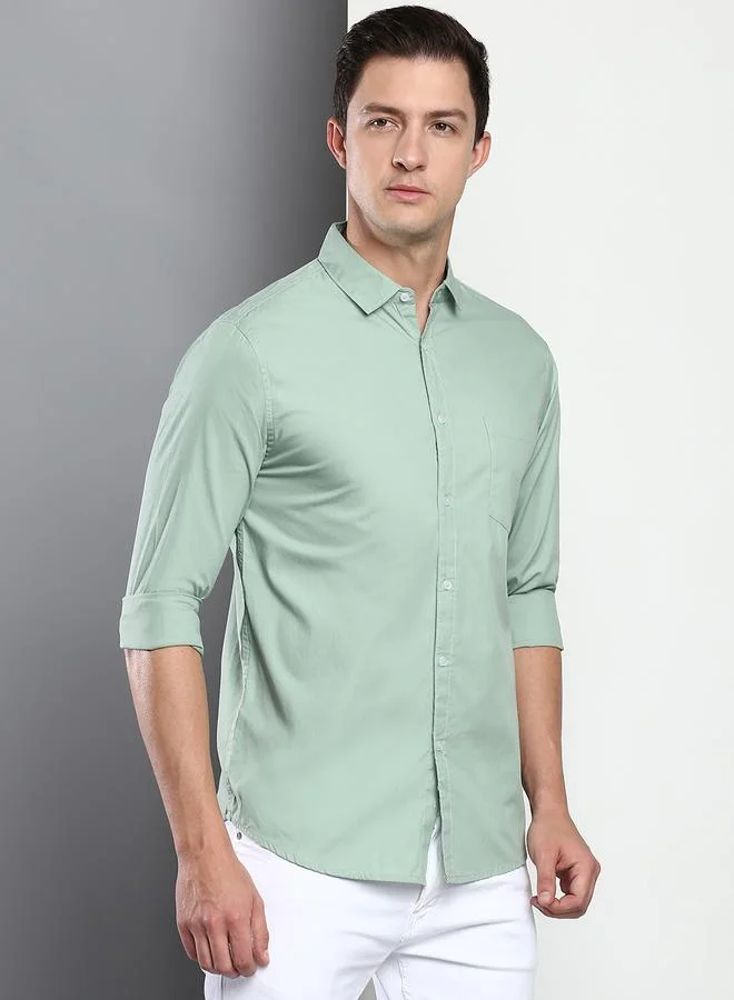 Dennis Lingo Slim Fit Sage Green Men's Casual Shirt, Spread Collar, Full Sleeves, 100% Cotton,