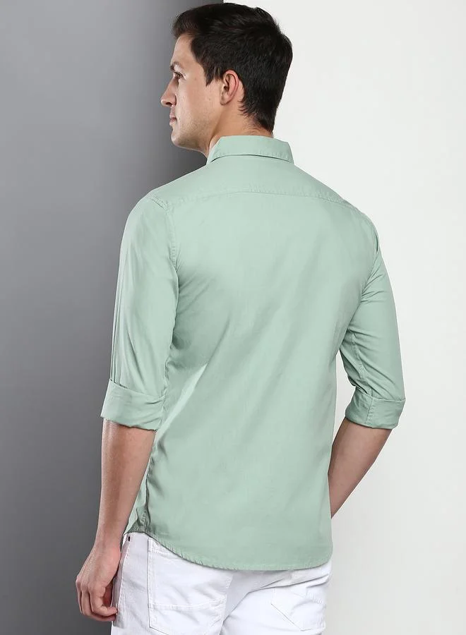 Dennis Lingo Slim Fit Sage Green Men's Casual Shirt, Spread Collar, Full Sleeves, 100% Cotton,